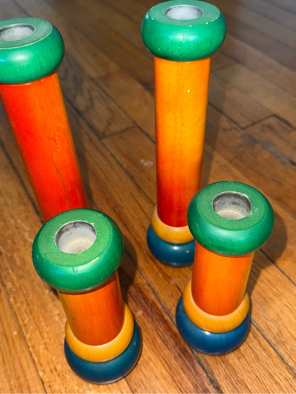Wooden candlesticks holder colorful set of 4 handcrafted vintage